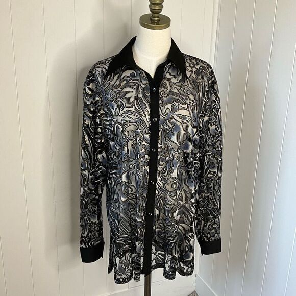 Clara S Womens 3X Button Front Blouse Black Gray Sheer Long Sleeve Side Slits - Picture 1 of 15
